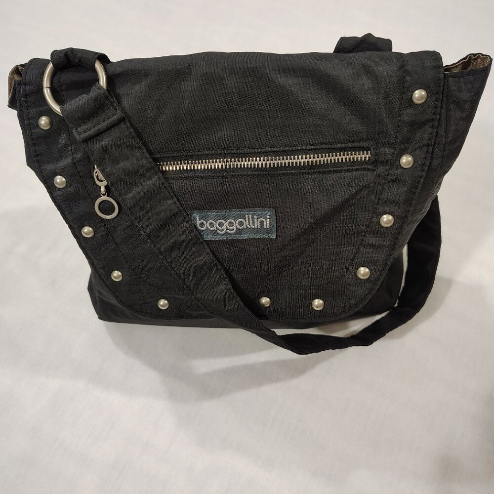 BAGGALLINI Studded Shoulder Tote Handbag Black Nylon Purse Light Weight Pockets - Picture 2 of 16
